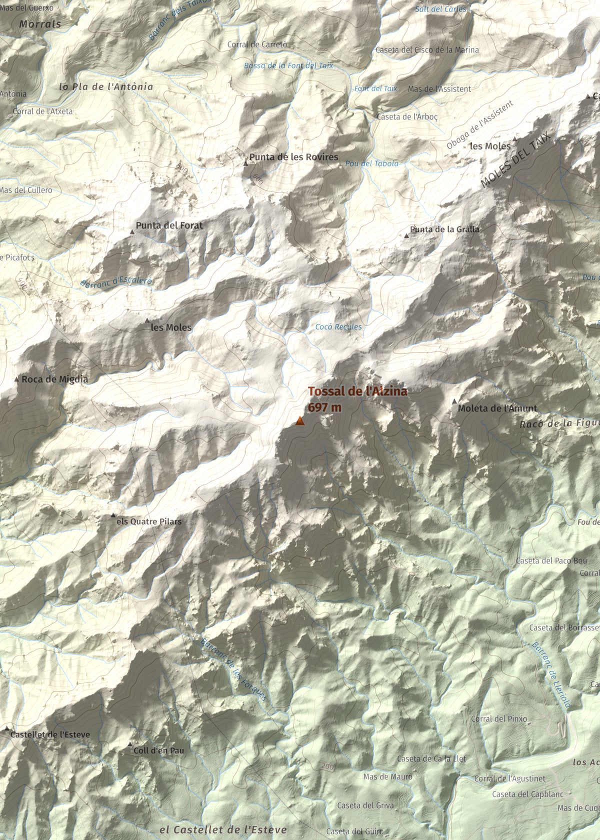 Mapa topogràfic del relleu: Tossal de l'Alzina, 697 m. Detall de la zona central. 50 × 70 cm.
