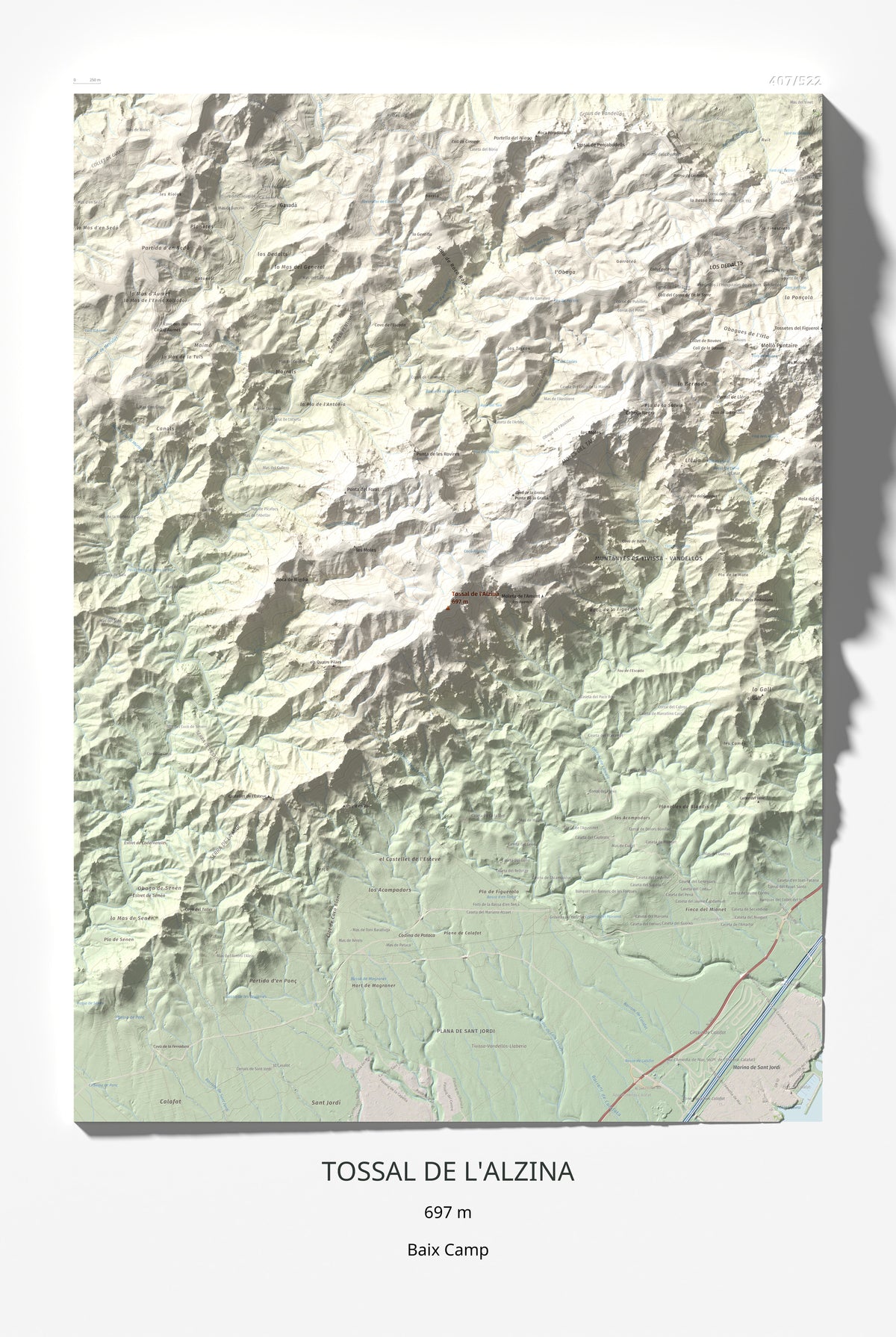 Mapa topogràfic del relleu: Tossal de l'Alzina, 697 m. Làmina completa. 61 × 91 cm.