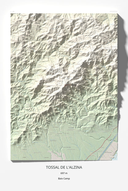 Mapa topogràfic del relleu: Tossal de l'Alzina, 697 m. Làmina completa. 61 × 91 cm.
