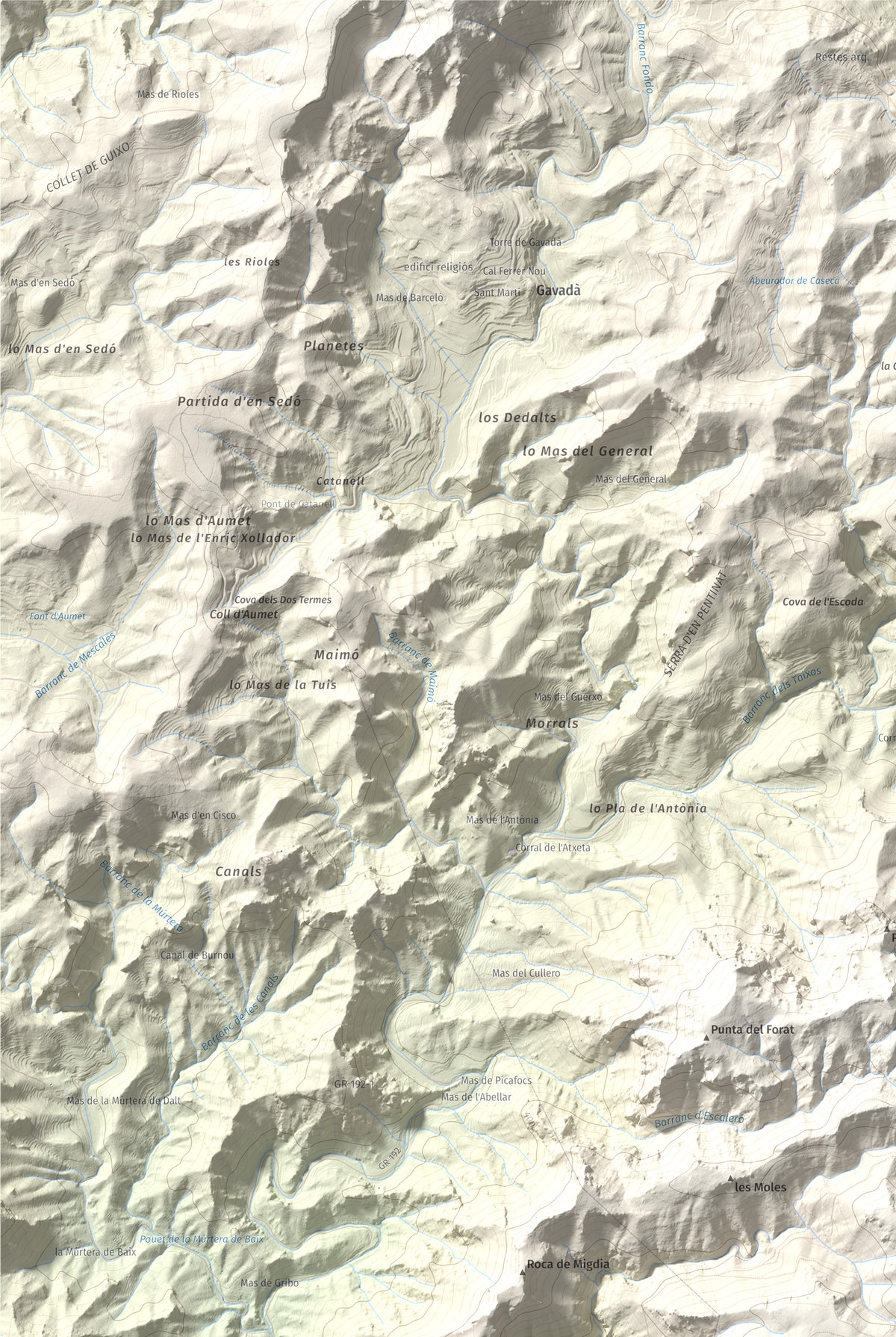 Mapa topogràfic del relleu: Tossal de l'Alzina, 697 m. Detall de la zona superior esquerra. 61 × 91 cm.
