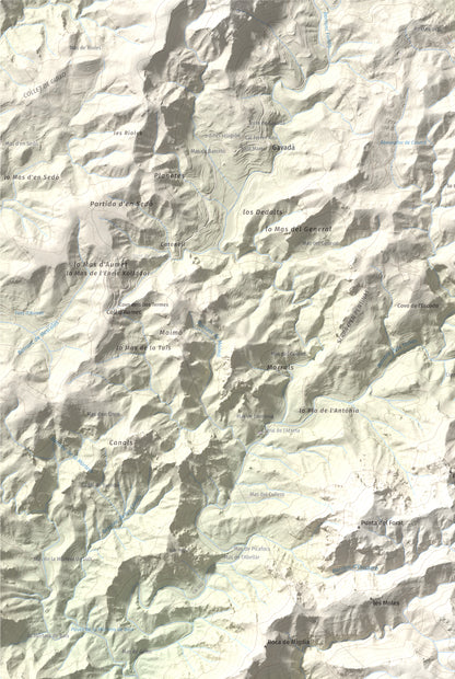 Mapa topogràfic del relleu: Tossal de l'Alzina, 697 m. Detall de la zona superior esquerra. 61 × 91 cm.