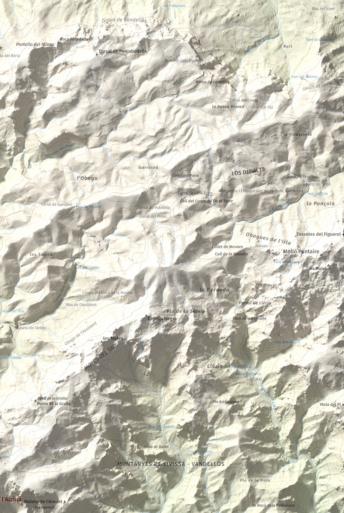 Mapa topogràfic del relleu: Tossal de l'Alzina, 697 m. Detall de la zona superior dreta. 61 × 91 cm.