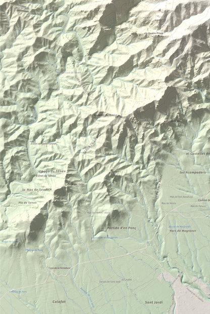 Mapa topogràfic del relleu: Tossal de l'Alzina, 697 m. Detall de la zona inferior esquerra. 61 × 91 cm.