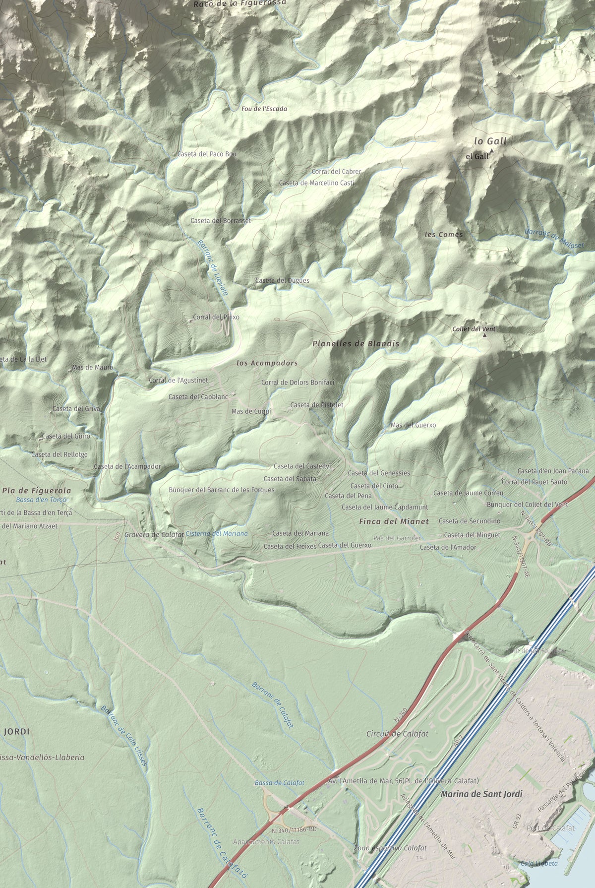 Mapa topogràfic del relleu: Tossal de l'Alzina, 697 m. Detall de la zona inferior dreta. 61 × 91 cm.