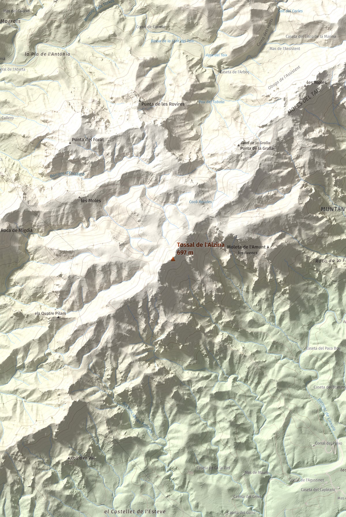 Mapa topogràfic del relleu: Tossal de l'Alzina, 697 m. Detall de la zona central. 61 × 91 cm.