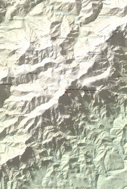 Mapa topogràfic del relleu: Tossal de l'Alzina, 697 m. Detall de la zona central. 61 × 91 cm.