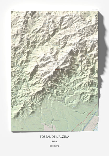 Mapa topogràfic del relleu: Tossal de l'Alzina, 697 m. Làmina completa. 70 × 100 cm.