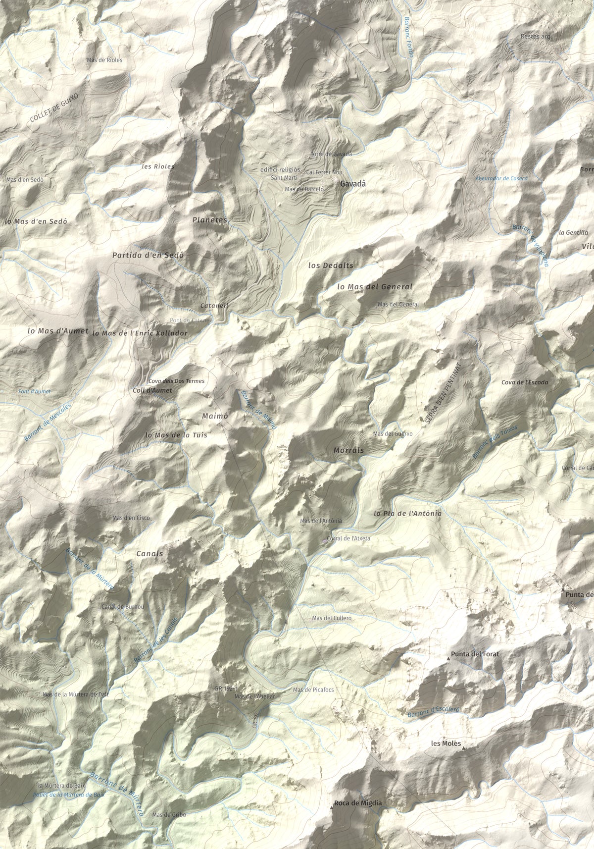 Mapa topogràfic del relleu: Tossal de l'Alzina, 697 m. Detall de la zona superior esquerra. 70 × 100 cm.