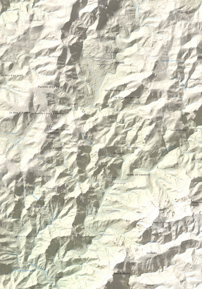 Mapa topogràfic del relleu: Tossal de l'Alzina, 697 m. Detall de la zona superior esquerra. 70 × 100 cm.