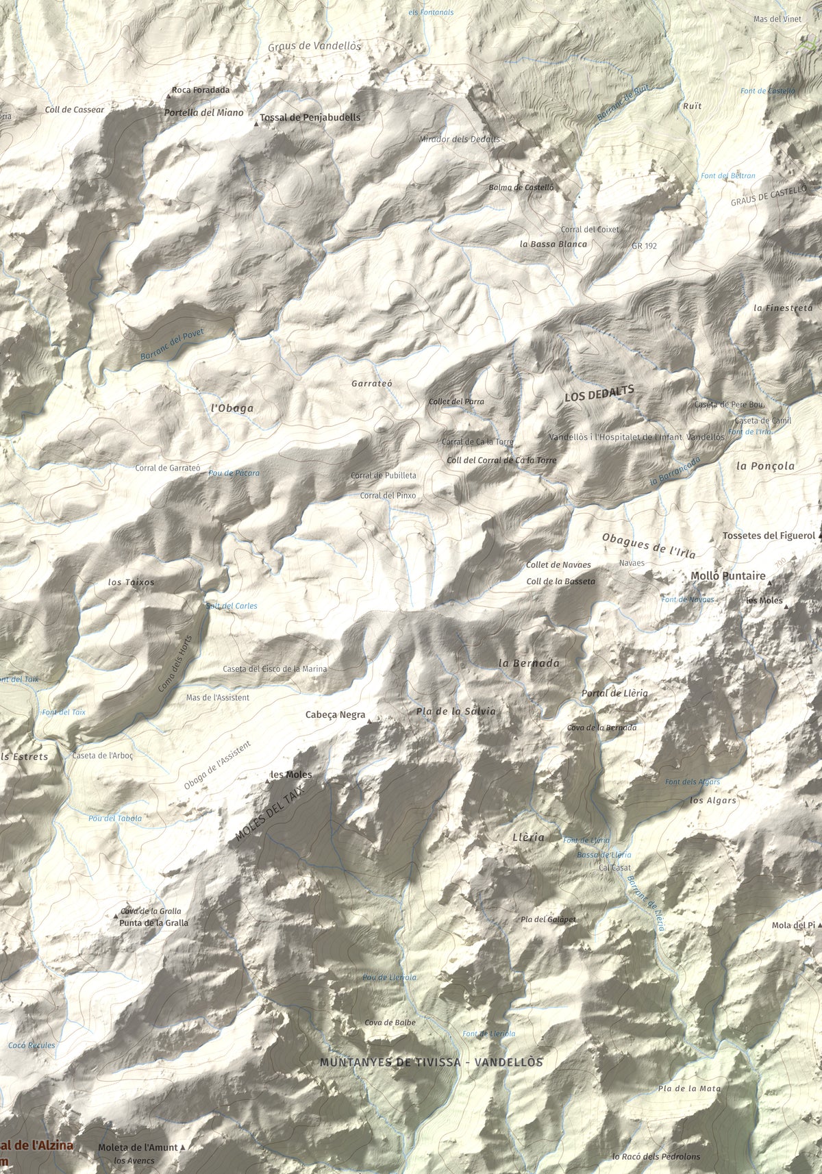 Mapa topogràfic del relleu: Tossal de l'Alzina, 697 m. Detall de la zona superior dreta. 70 × 100 cm.