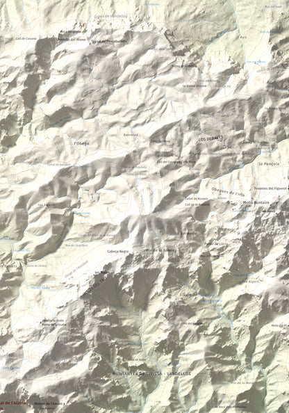 Mapa topogràfic del relleu: Tossal de l'Alzina, 697 m. Detall de la zona superior dreta. 70 × 100 cm.