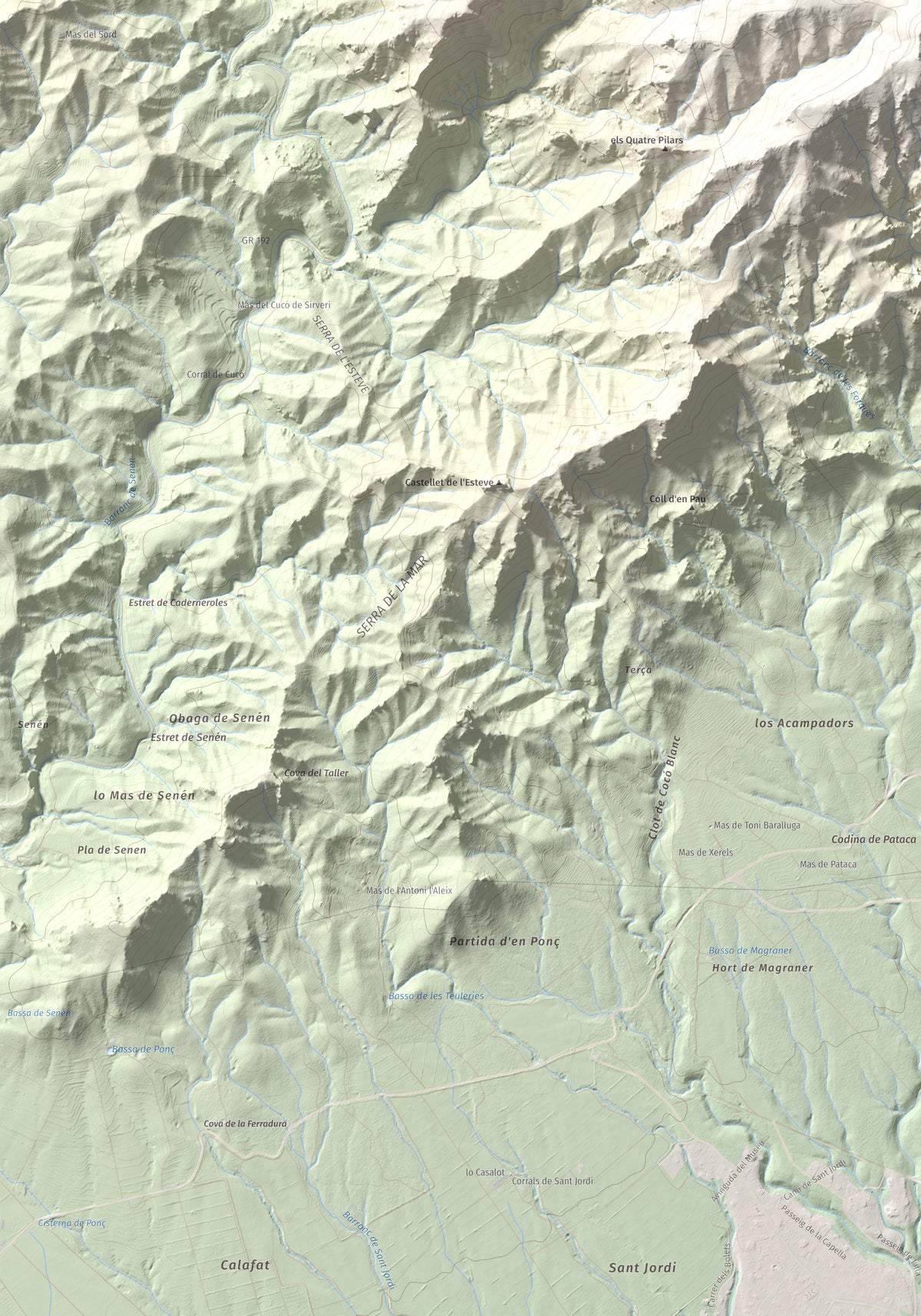 Mapa topogràfic del relleu: Tossal de l'Alzina, 697 m. Detall de la zona inferior esquerra. 70 × 100 cm.