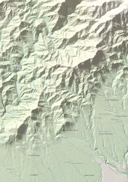 Mapa topogràfic del relleu: Tossal de l'Alzina, 697 m. Detall de la zona inferior esquerra. 70 × 100 cm.