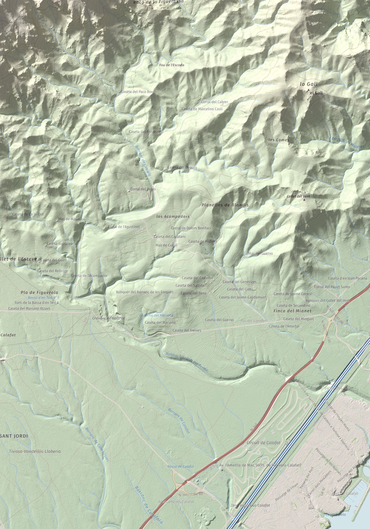 Mapa topogràfic del relleu: Tossal de l'Alzina, 697 m. Detall de la zona inferior dreta. 70 × 100 cm.
