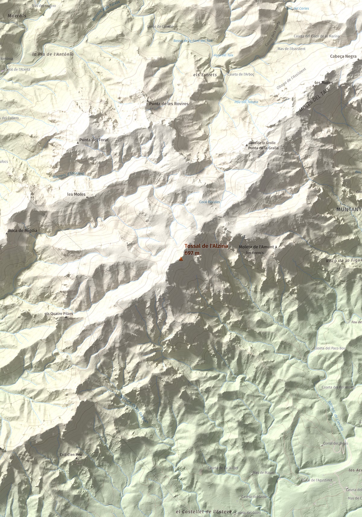 Mapa topogràfic del relleu: Tossal de l'Alzina, 697 m. Detall de la zona central. 70 × 100 cm.