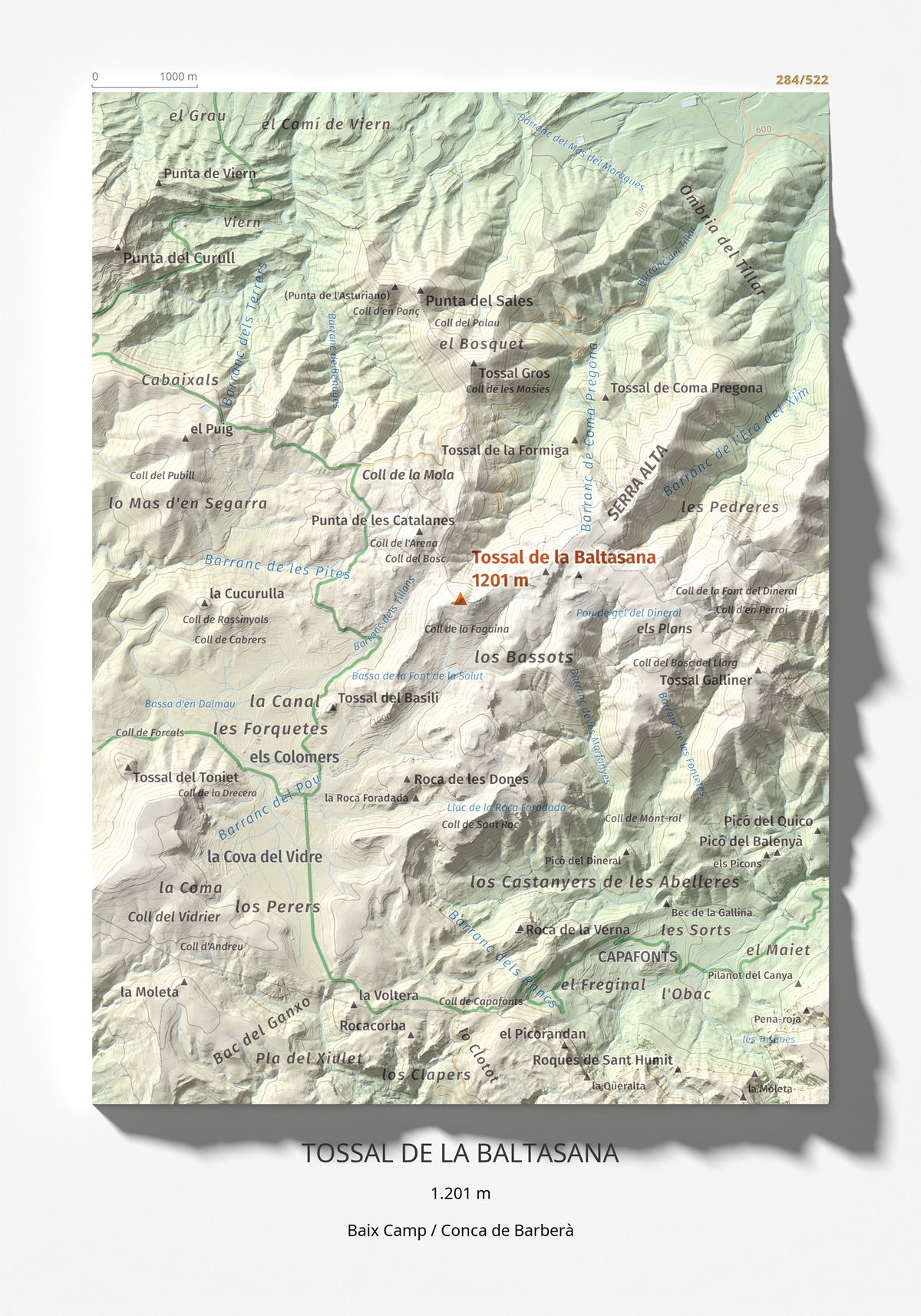 Mapa de relieve de Tossal de la Baltasana, 1201 m, Baix Camp · Conca de Barberà, lámina 100 Cims de Trobart 21 × 30 cm.