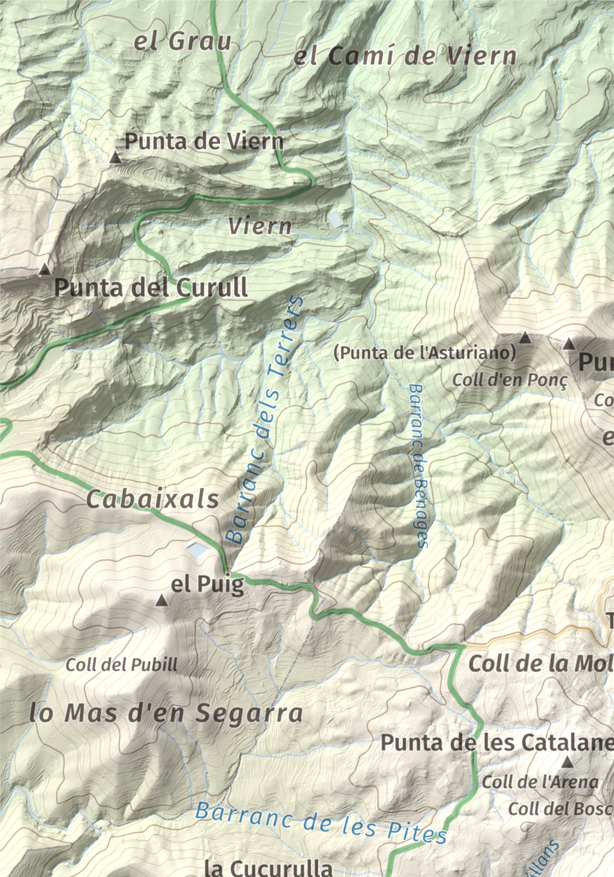 Mapa de relieve de Tossal de la Baltasana, 1201 m, Baix Camp · Conca de Barberà, lámina 100 Cims de Trobart. Detalle de la zona superior izquierda. 21 × 30 cm.