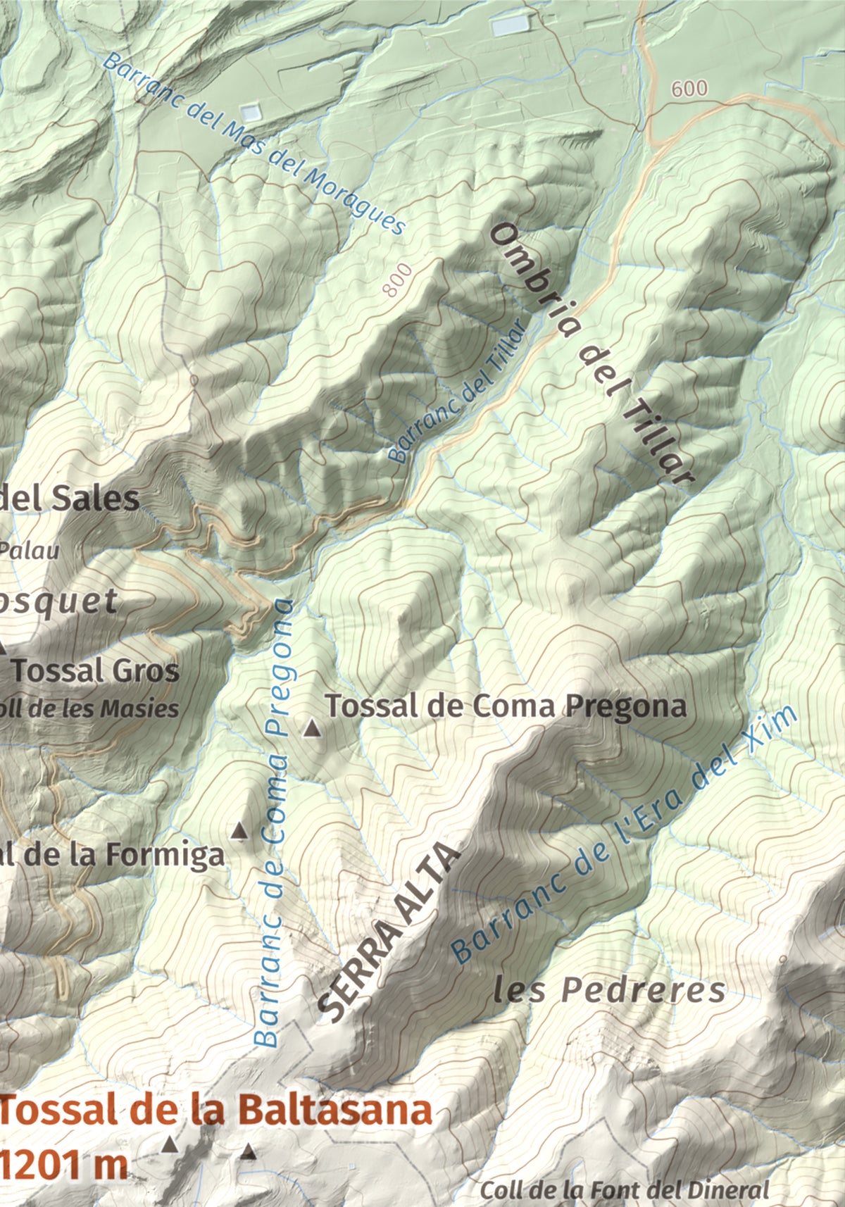 Mapa de relieve de Tossal de la Baltasana, 1201 m, Baix Camp · Conca de Barberà, lámina 100 Cims de Trobart. Detalle de la zona superior derecha. 21 × 30 cm.