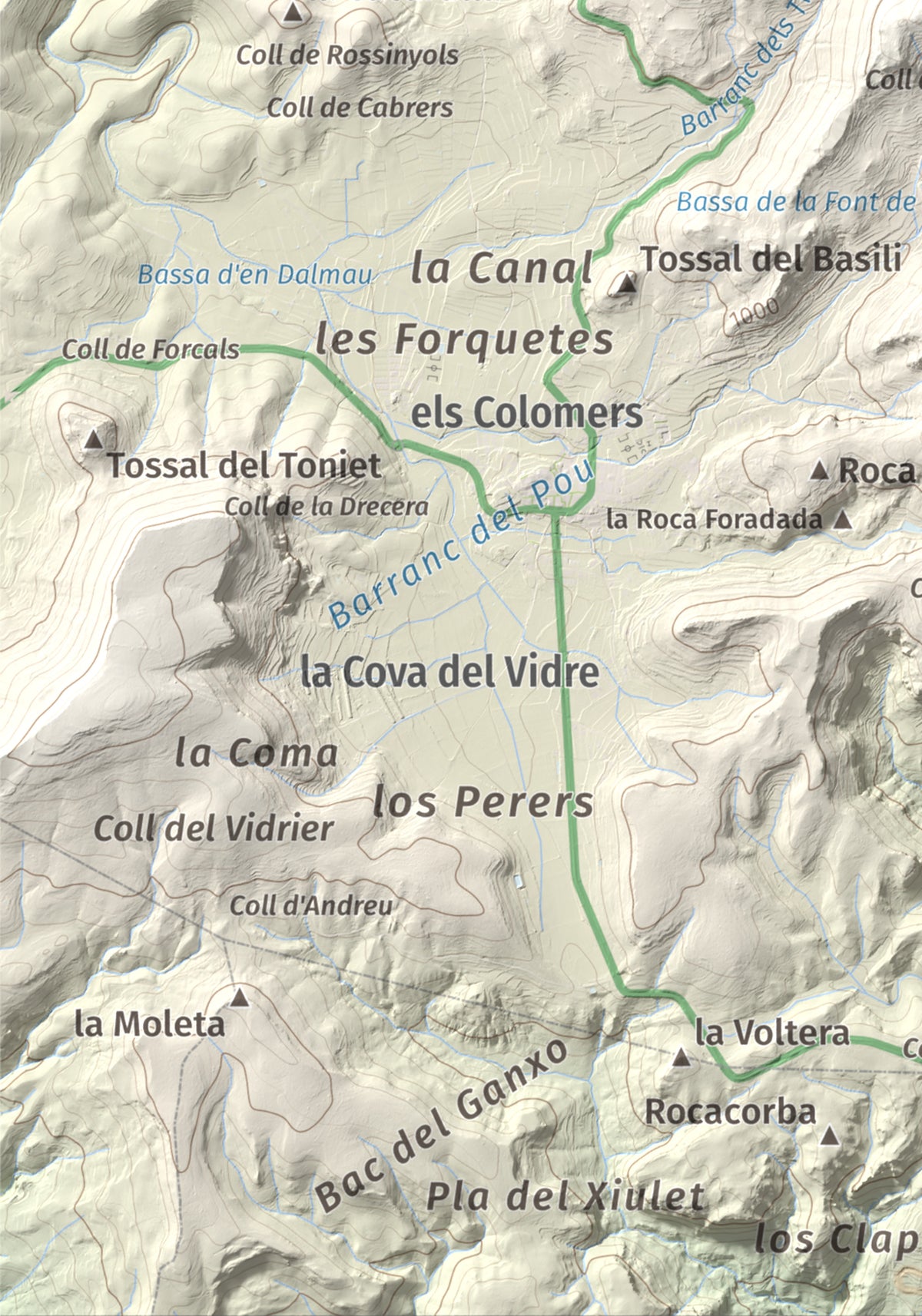 Mapa de relieve de Tossal de la Baltasana, 1201 m, Baix Camp · Conca de Barberà, lámina 100 Cims de Trobart. Detalle de la zona inferior izquierda. 21 × 30 cm.
