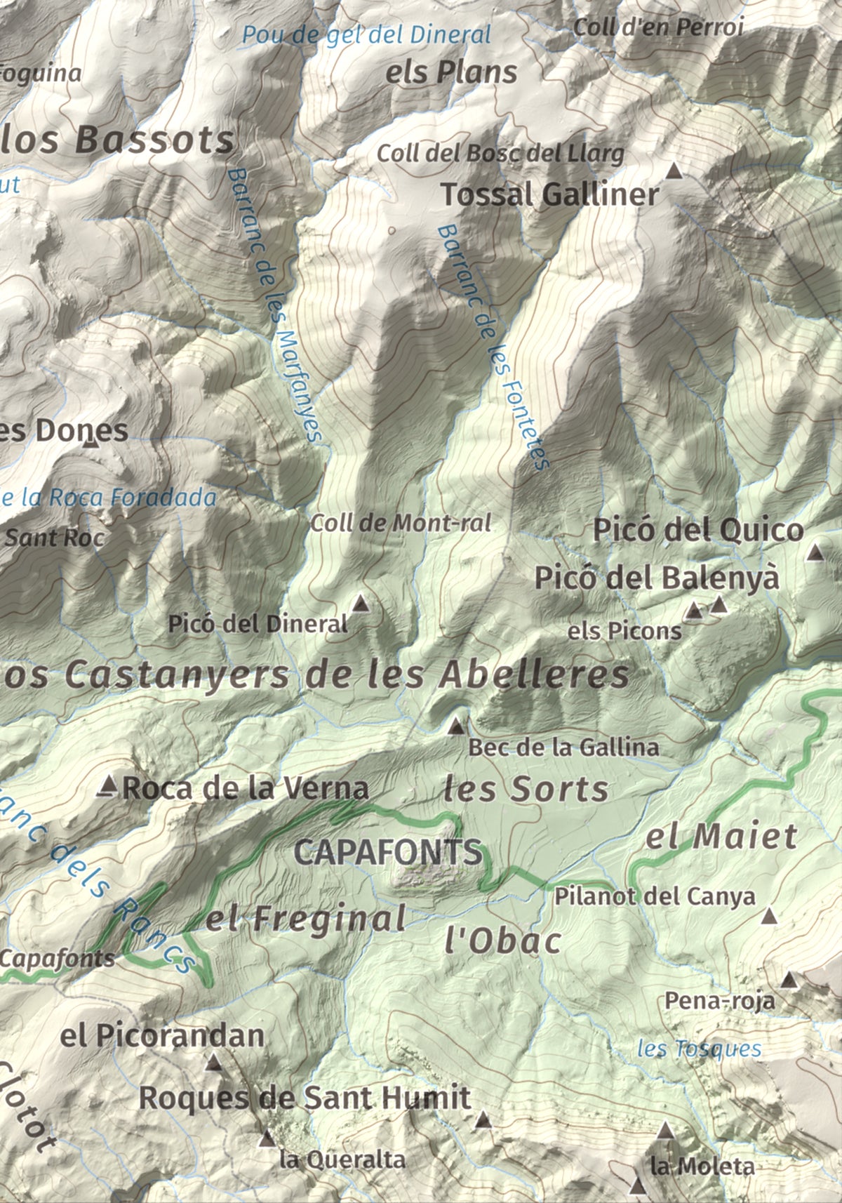 Mapa de relieve de Tossal de la Baltasana, 1201 m, Baix Camp · Conca de Barberà, lámina 100 Cims de Trobart. Detalle de la zona inferior derecha. 21 × 30 cm.