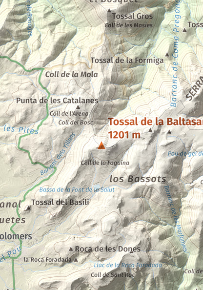 Mapa de relieve de Tossal de la Baltasana, 1201 m, Baix Camp · Conca de Barberà, lámina 100 Cims de Trobart. Detalle de la zona central. 21 × 30 cm.