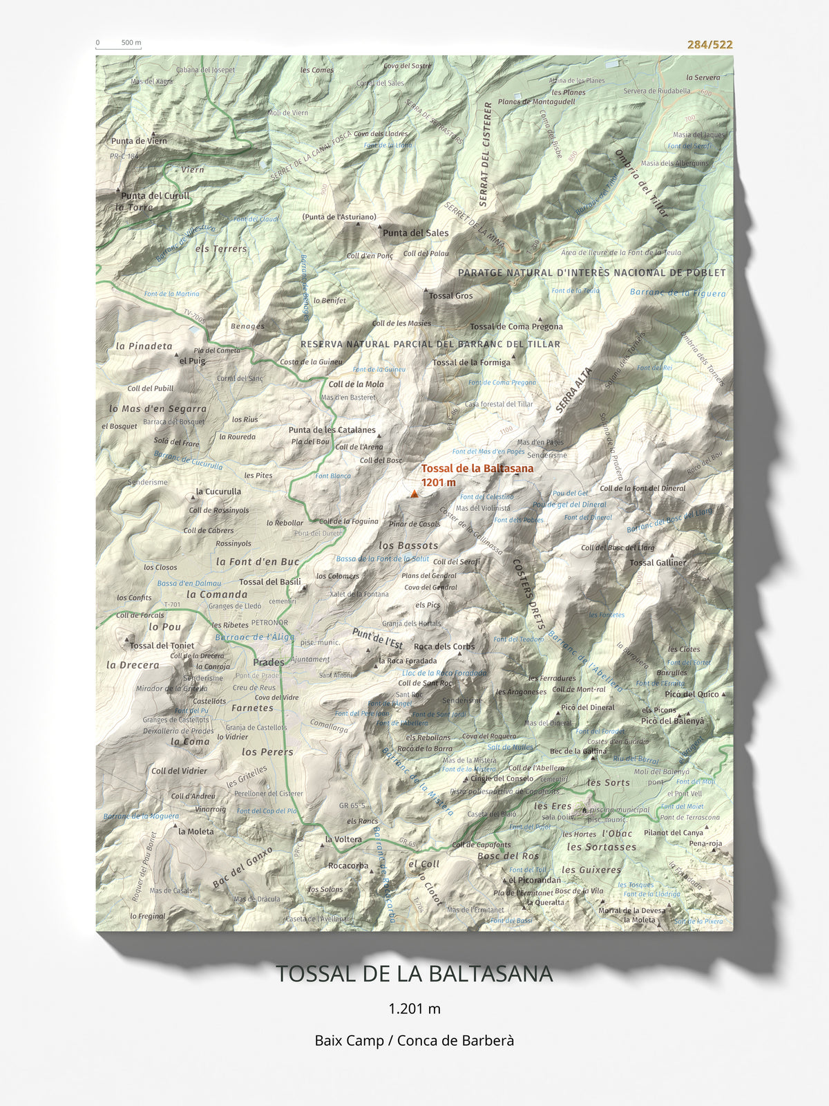 Mapa de relieve de Tossal de la Baltasana, 1201 m, Baix Camp · Conca de Barberà, lámina 100 Cims de Trobart 30 × 40 cm.