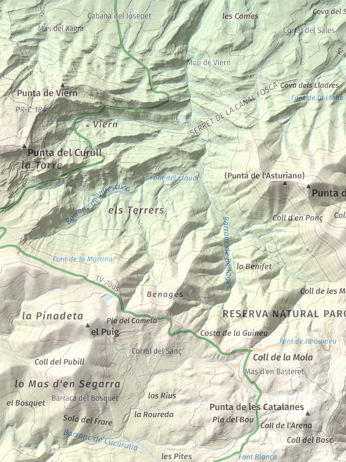 Mapa de relieve de Tossal de la Baltasana, 1201 m, Baix Camp · Conca de Barberà, lámina 100 Cims de Trobart. Detalle de la zona superior izquierda. 30 × 40 cm.