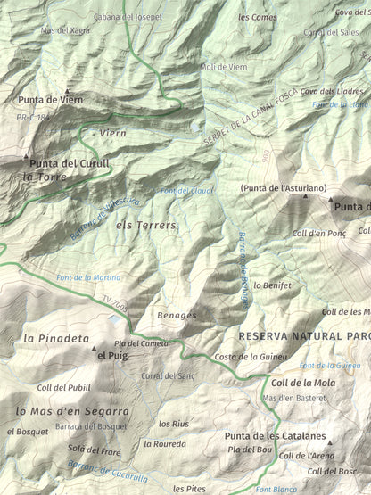 Mapa de relieve de Tossal de la Baltasana, 1201 m, Baix Camp · Conca de Barberà, lámina 100 Cims de Trobart. Detalle de la zona superior izquierda. 30 × 40 cm.