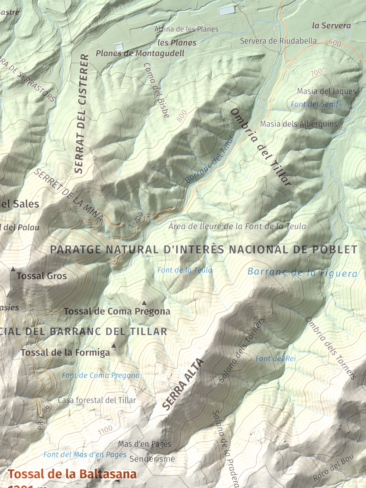 Mapa de relieve de Tossal de la Baltasana, 1201 m, Baix Camp · Conca de Barberà, lámina 100 Cims de Trobart. Detalle de la zona superior derecha. 30 × 40 cm.