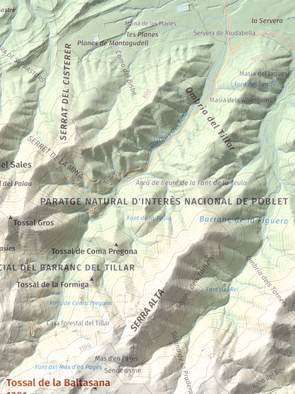 Mapa de relieve de Tossal de la Baltasana, 1201 m, Baix Camp · Conca de Barberà, lámina 100 Cims de Trobart. Detalle de la zona superior derecha. 30 × 40 cm.