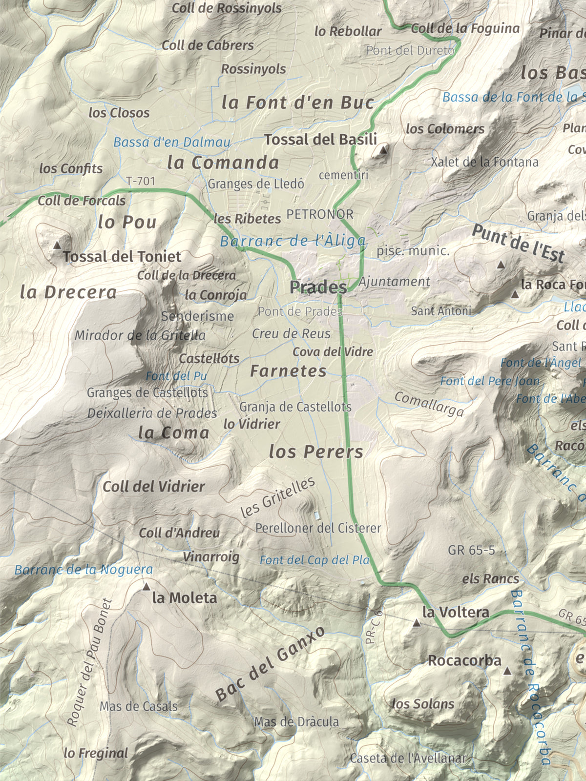 Mapa de relieve de Tossal de la Baltasana, 1201 m, Baix Camp · Conca de Barberà, lámina 100 Cims de Trobart. Detalle de la zona inferior izquierda. 30 × 40 cm.