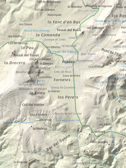 Mapa de relieve de Tossal de la Baltasana, 1201 m, Baix Camp · Conca de Barberà, lámina 100 Cims de Trobart. Detalle de la zona inferior izquierda. 30 × 40 cm.