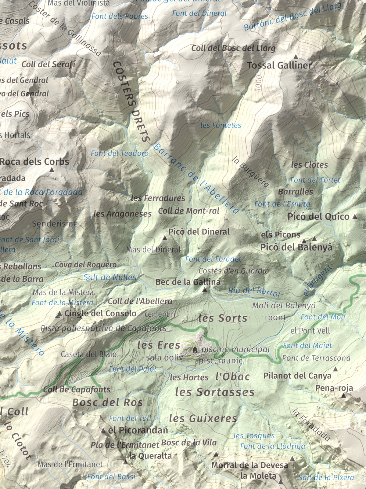 Mapa de relieve de Tossal de la Baltasana, 1201 m, Baix Camp · Conca de Barberà, lámina 100 Cims de Trobart. Detalle de la zona inferior derecha. 30 × 40 cm.
