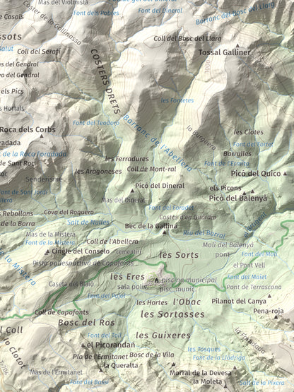 Mapa de relieve de Tossal de la Baltasana, 1201 m, Baix Camp · Conca de Barberà, lámina 100 Cims de Trobart. Detalle de la zona inferior derecha. 30 × 40 cm.