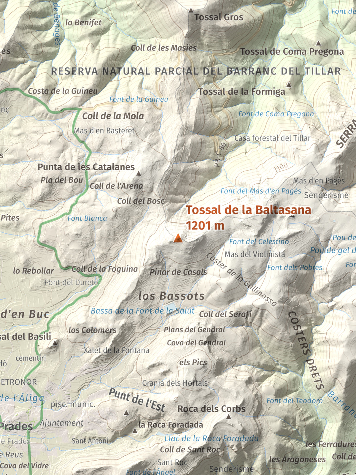 Mapa de relieve de Tossal de la Baltasana, 1201 m, Baix Camp · Conca de Barberà, lámina 100 Cims de Trobart. Detalle de la zona central. 30 × 40 cm.
