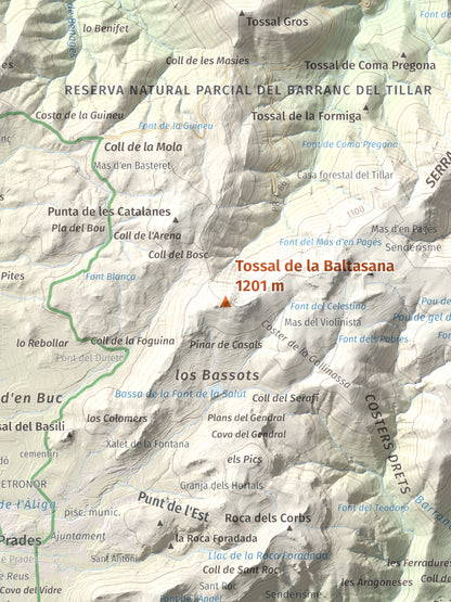 Mapa de relieve de Tossal de la Baltasana, 1201 m, Baix Camp · Conca de Barberà, lámina 100 Cims de Trobart. Detalle de la zona central. 30 × 40 cm.