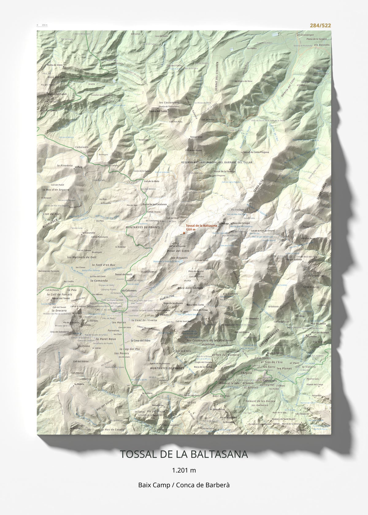 Mapa de relieve de Tossal de la Baltasana, 1201 m, Baix Camp · Conca de Barberà, lámina 100 Cims de Trobart 50 × 70 cm.