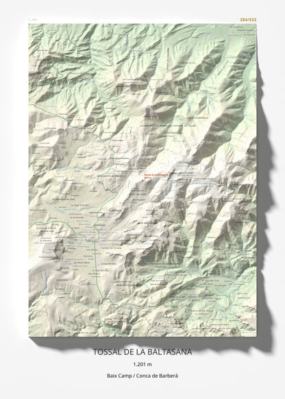 Mapa de relieve de Tossal de la Baltasana, 1201 m, Baix Camp · Conca de Barberà, lámina 100 Cims de Trobart 50 × 70 cm.
