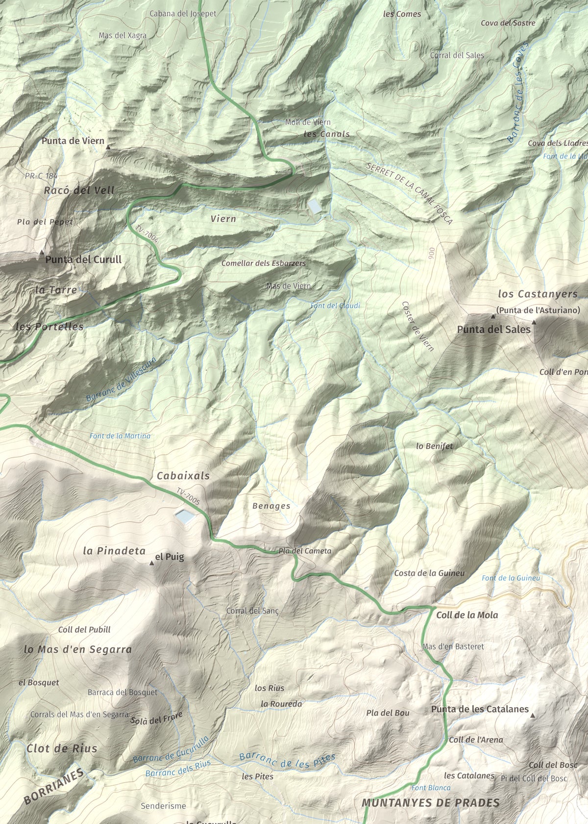 Mapa de relieve de Tossal de la Baltasana, 1201 m, Baix Camp · Conca de Barberà, lámina 100 Cims de Trobart. Detalle de la zona superior izquierda. 50 × 70 cm.
