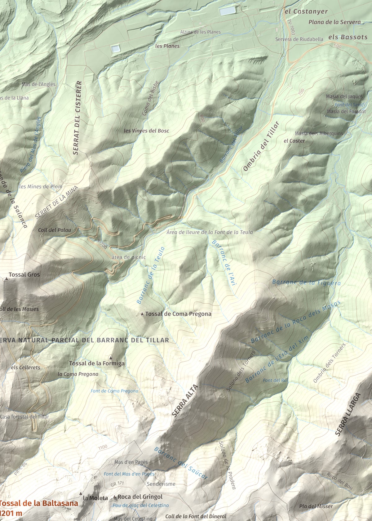 Mapa de relieve de Tossal de la Baltasana, 1201 m, Baix Camp · Conca de Barberà, lámina 100 Cims de Trobart. Detalle de la zona superior derecha. 50 × 70 cm.