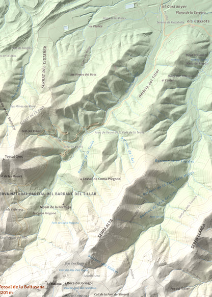 Mapa de relieve de Tossal de la Baltasana, 1201 m, Baix Camp · Conca de Barberà, lámina 100 Cims de Trobart. Detalle de la zona superior derecha. 50 × 70 cm.