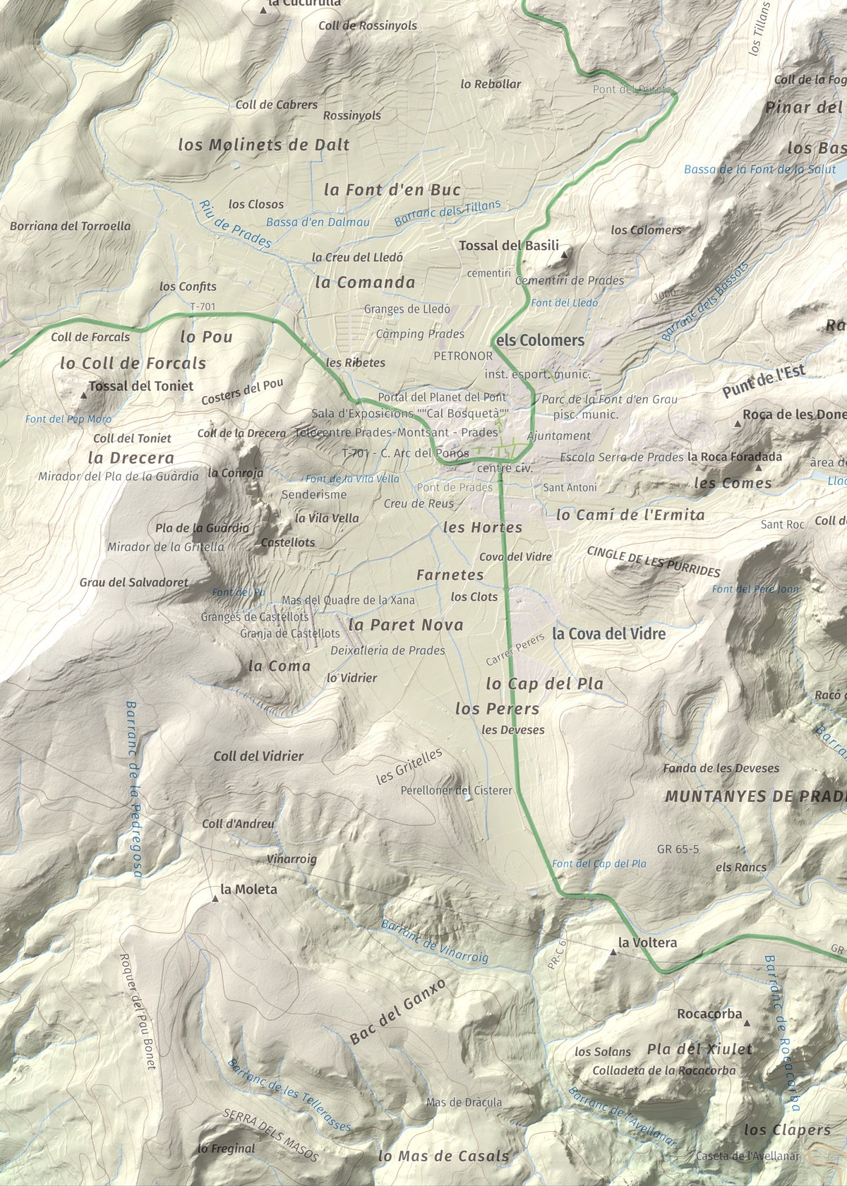 Mapa de relieve de Tossal de la Baltasana, 1201 m, Baix Camp · Conca de Barberà, lámina 100 Cims de Trobart. Detalle de la zona inferior izquierda. 50 × 70 cm.