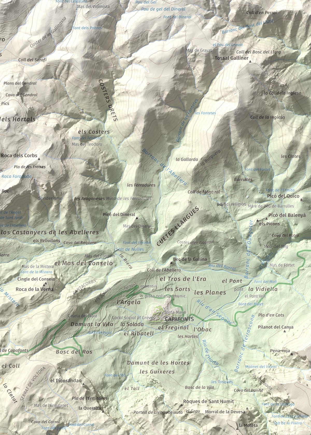 Mapa de relieve de Tossal de la Baltasana, 1201 m, Baix Camp · Conca de Barberà, lámina 100 Cims de Trobart. Detalle de la zona inferior derecha. 50 × 70 cm.