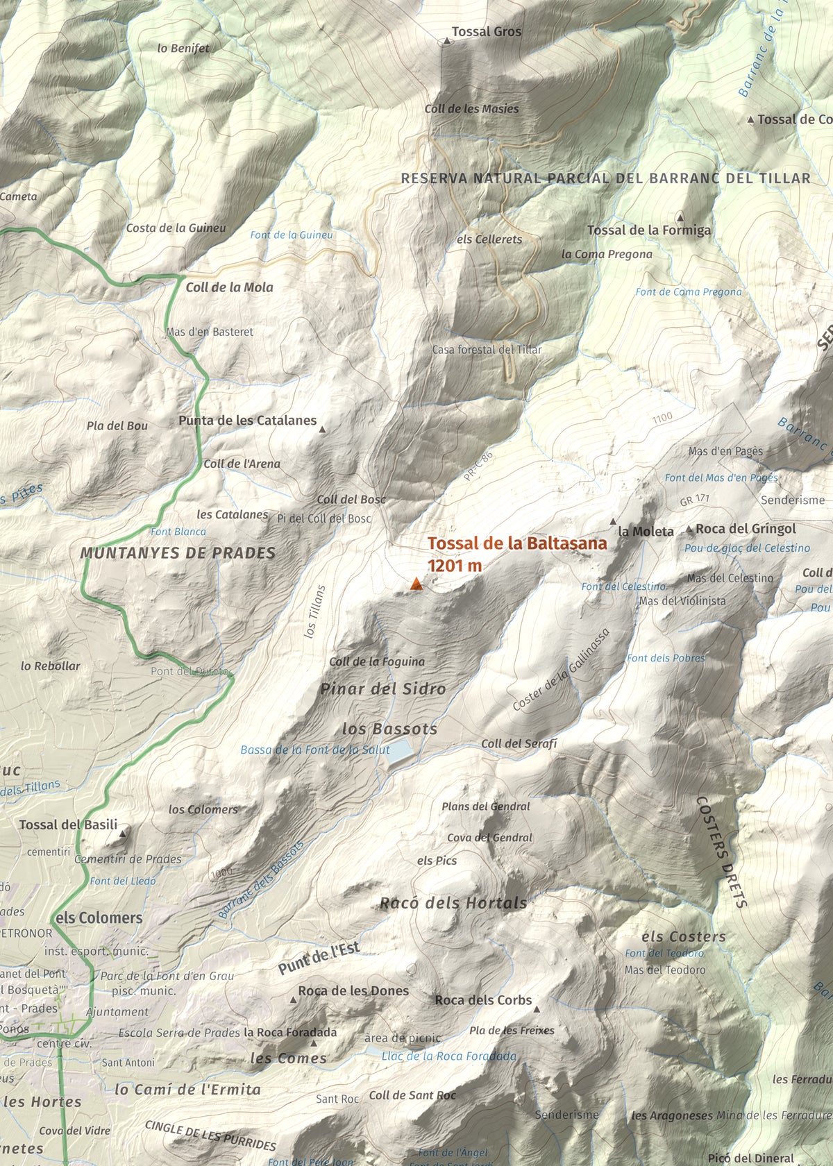 Mapa de relieve de Tossal de la Baltasana, 1201 m, Baix Camp · Conca de Barberà, lámina 100 Cims de Trobart. Detalle de la zona central. 50 × 70 cm.
