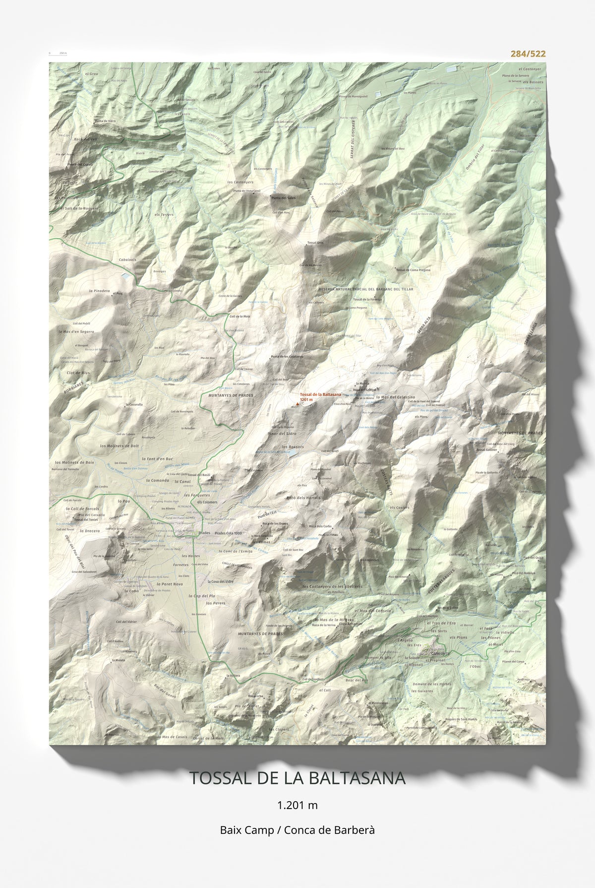 Mapa de relieve de Tossal de la Baltasana, 1201 m, Baix Camp · Conca de Barberà, lámina 100 Cims de Trobart 61 × 91 cm.