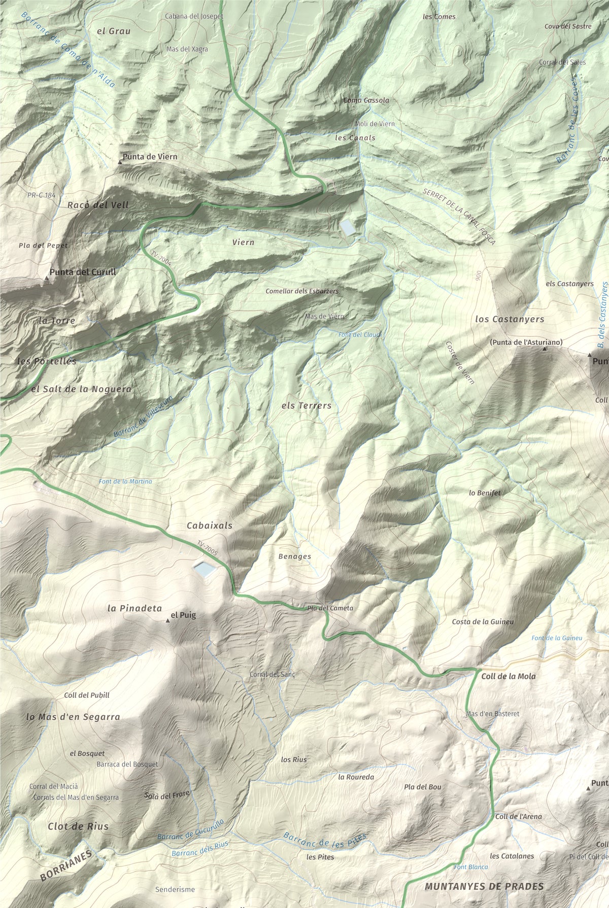 Mapa de relieve de Tossal de la Baltasana, 1201 m, Baix Camp · Conca de Barberà, lámina 100 Cims de Trobart. Detalle de la zona superior izquierda. 61 × 91 cm.