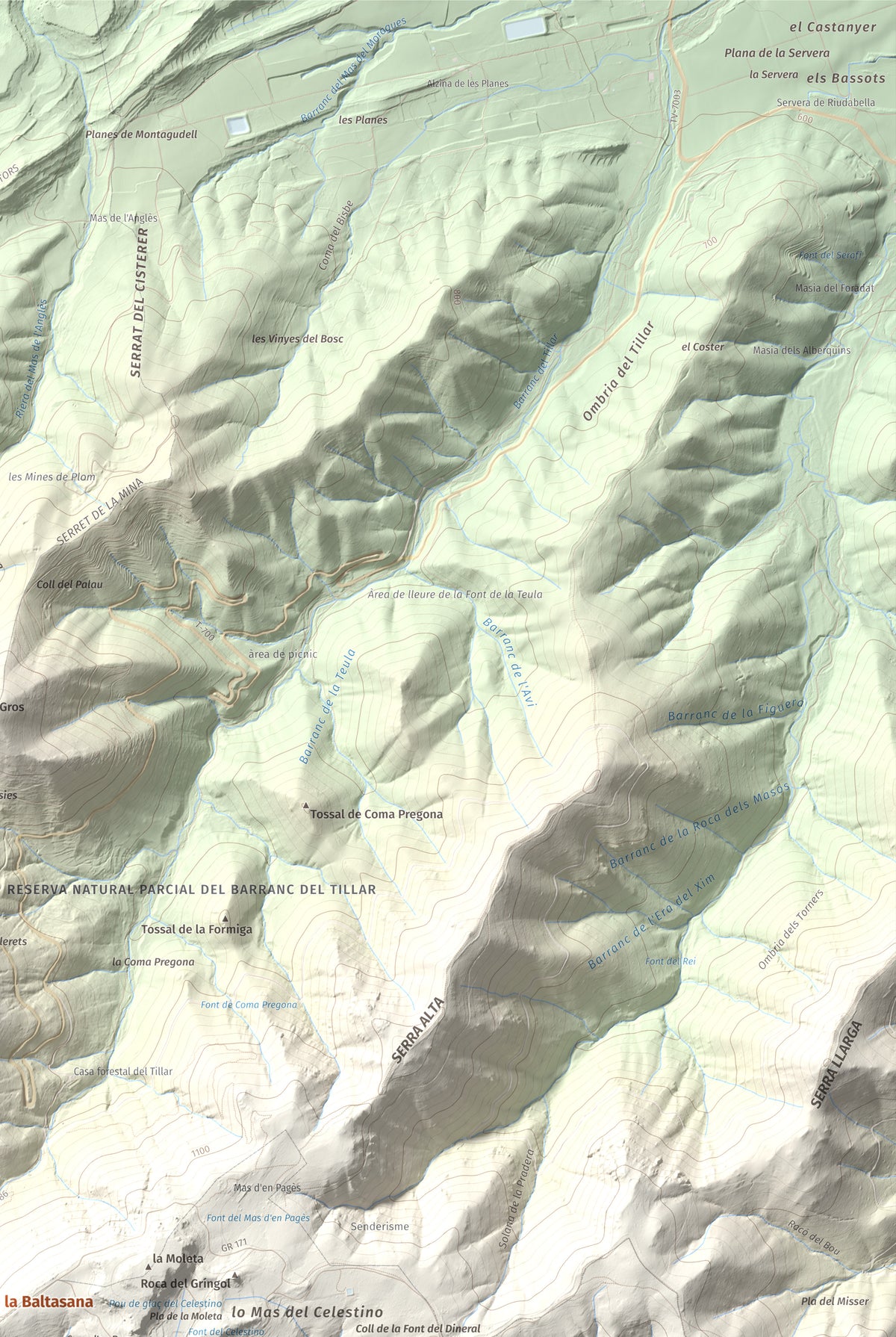 Mapa de relieve de Tossal de la Baltasana, 1201 m, Baix Camp · Conca de Barberà, lámina 100 Cims de Trobart. Detalle de la zona superior derecha. 61 × 91 cm.