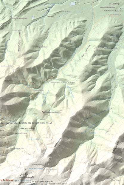 Mapa de relieve de Tossal de la Baltasana, 1201 m, Baix Camp · Conca de Barberà, lámina 100 Cims de Trobart. Detalle de la zona superior derecha. 61 × 91 cm.