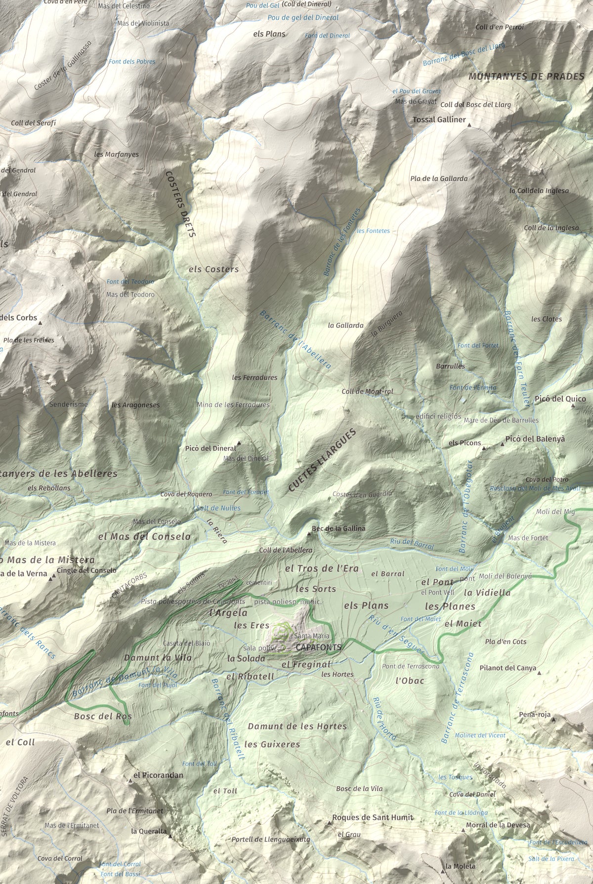 Mapa de relieve de Tossal de la Baltasana, 1201 m, Baix Camp · Conca de Barberà, lámina 100 Cims de Trobart. Detalle de la zona inferior derecha. 61 × 91 cm.