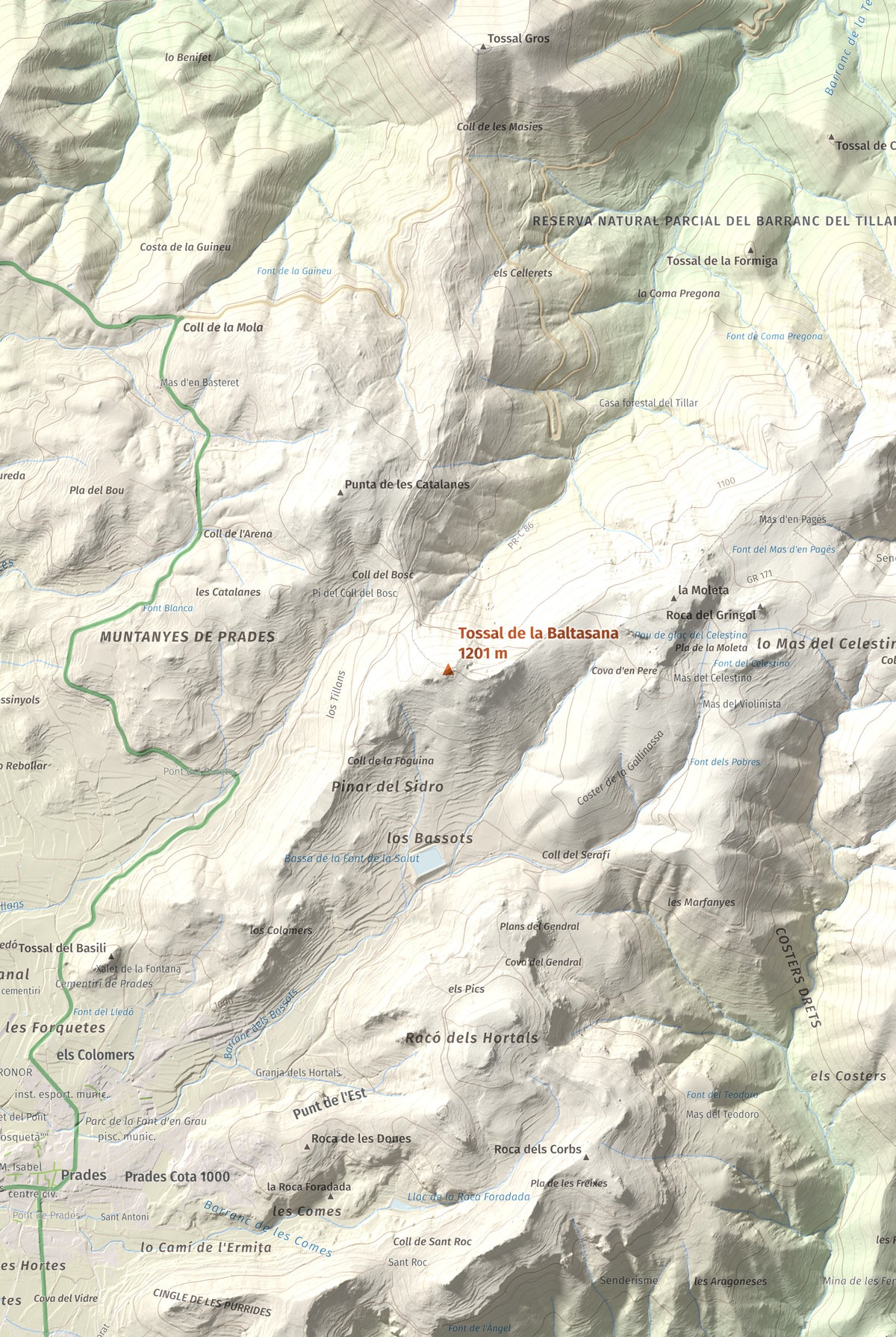 Mapa de relieve de Tossal de la Baltasana, 1201 m, Baix Camp · Conca de Barberà, lámina 100 Cims de Trobart. Detalle de la zona central. 61 × 91 cm.